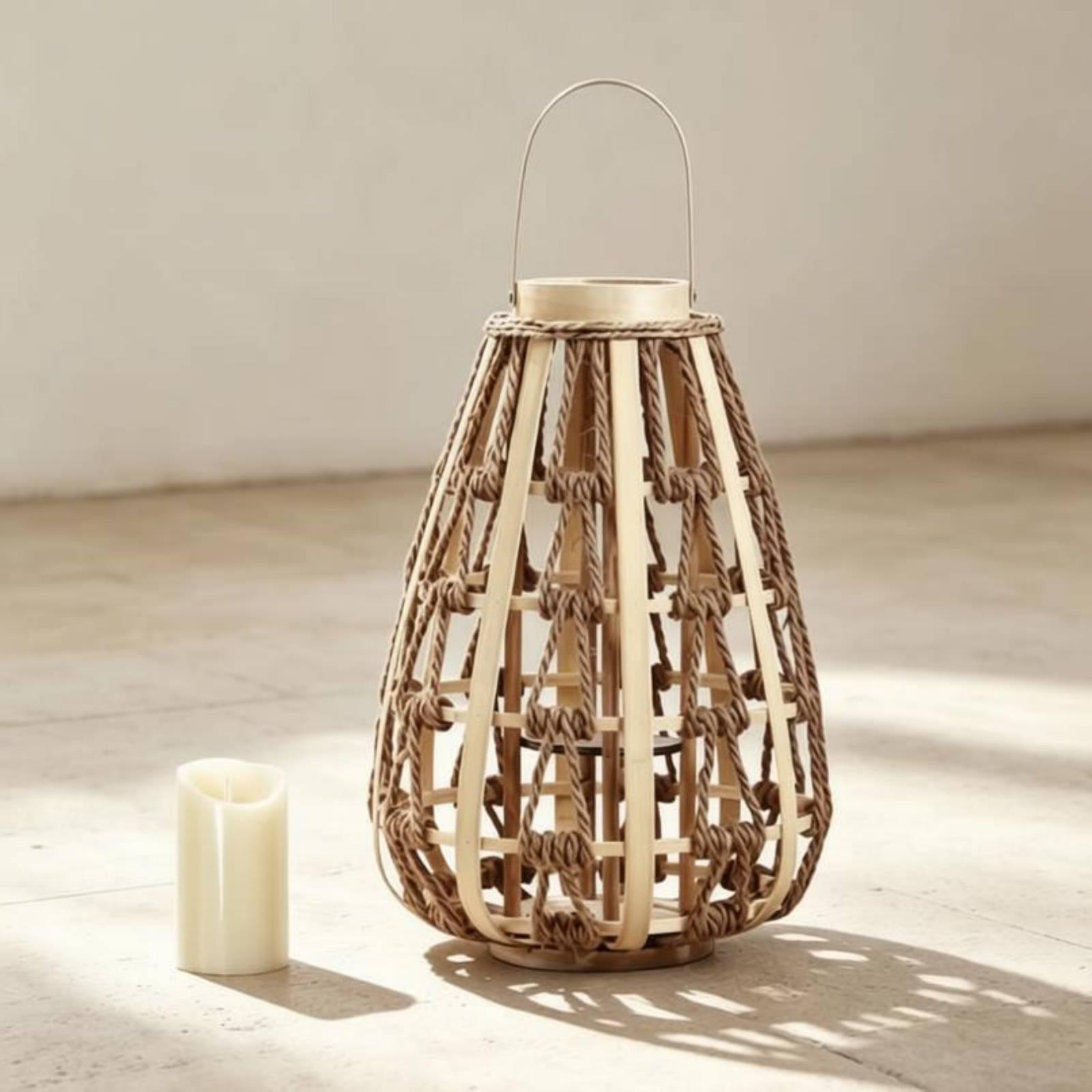 Candle Holder Decor - Natural Wood Rope Lantern Candle Holder
