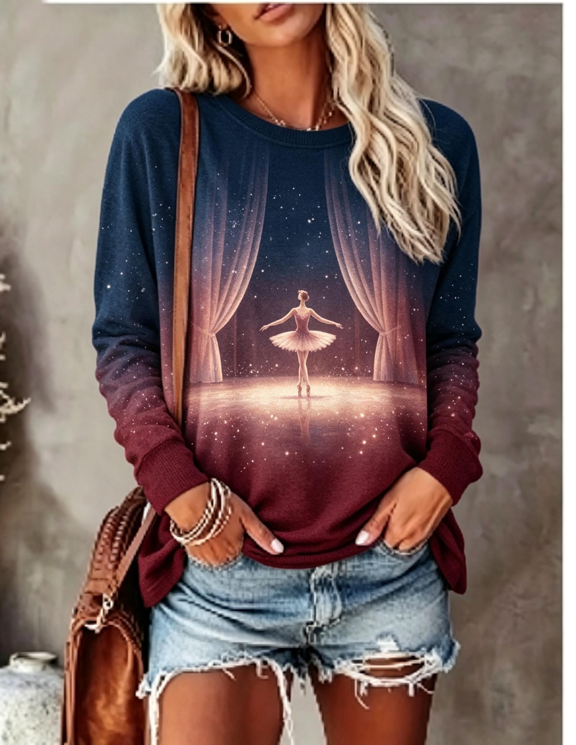 Women Long Sleeve T‑Shirt Ball - Curtain Curtain ulasan dan harga