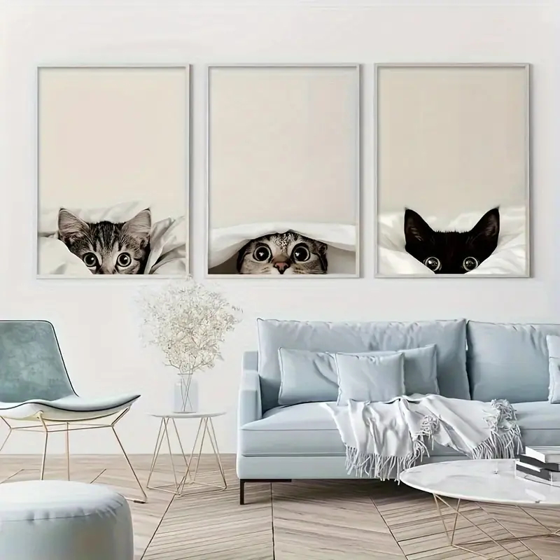 3PCS Peeking Cats Under The Bl - Abstract Canvas Set ulasan dan harga
